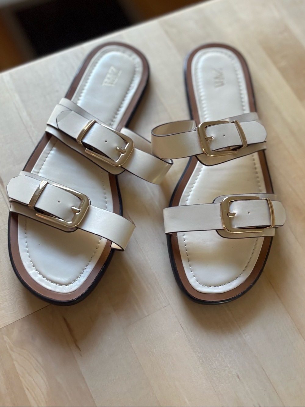 Zara Cream Double-Buckle Slide Sandals with Gold Buckles